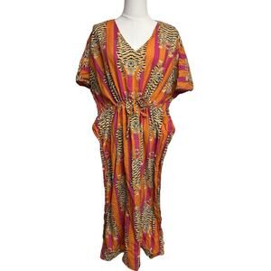 Indacorify Tiger Print Kaftan Beach Cover Up Cotton Indian Resortwear Pink